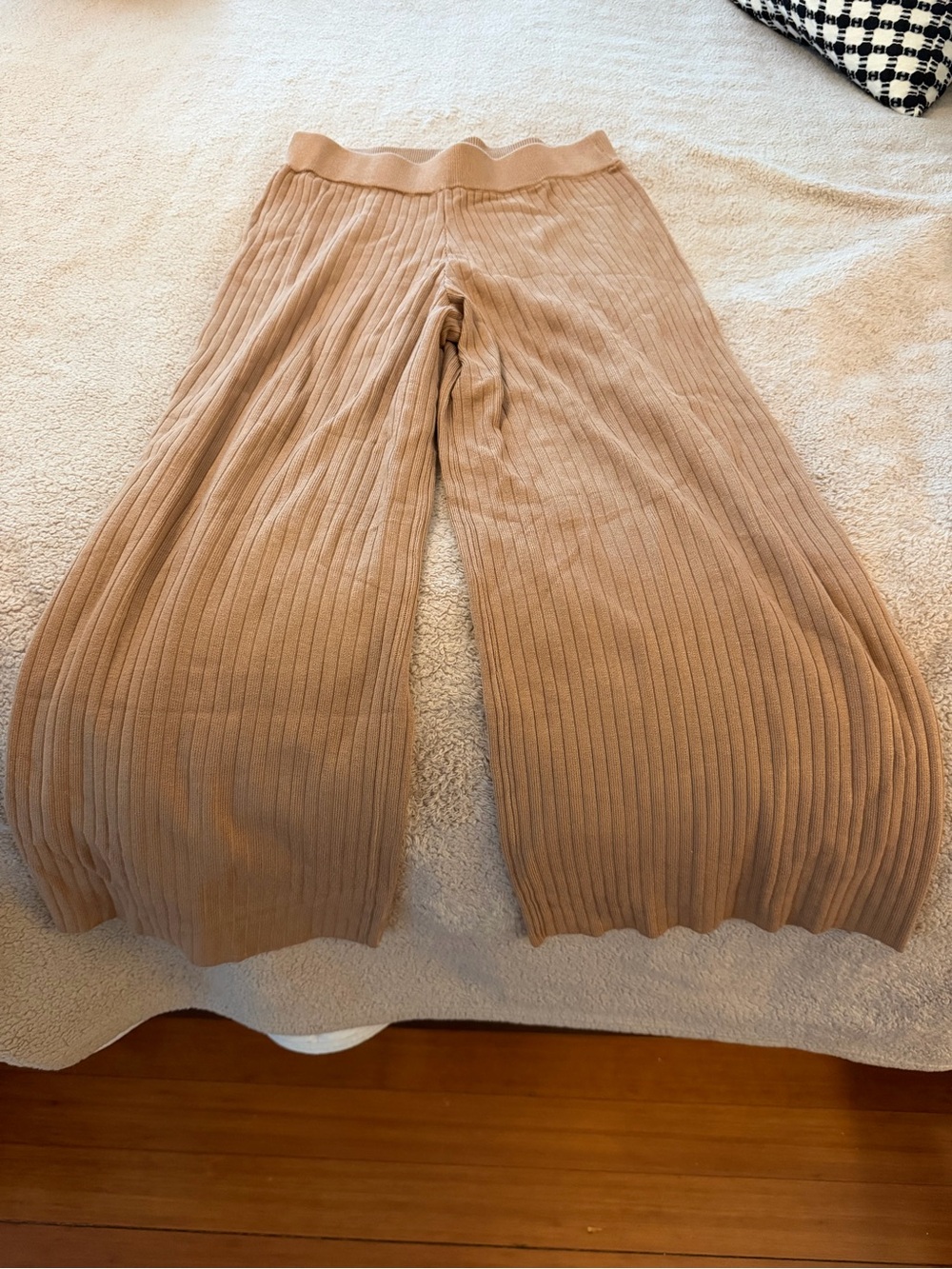 Marled Ribbed Wide-Leg Knit Pants in Tan